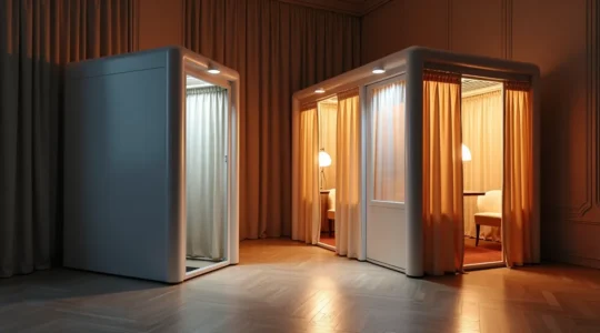 Photobooth moderne et élégant dans un espace événementiel professionnel à Annecy avec éclairage cinématographique et arrière-plan minimaliste