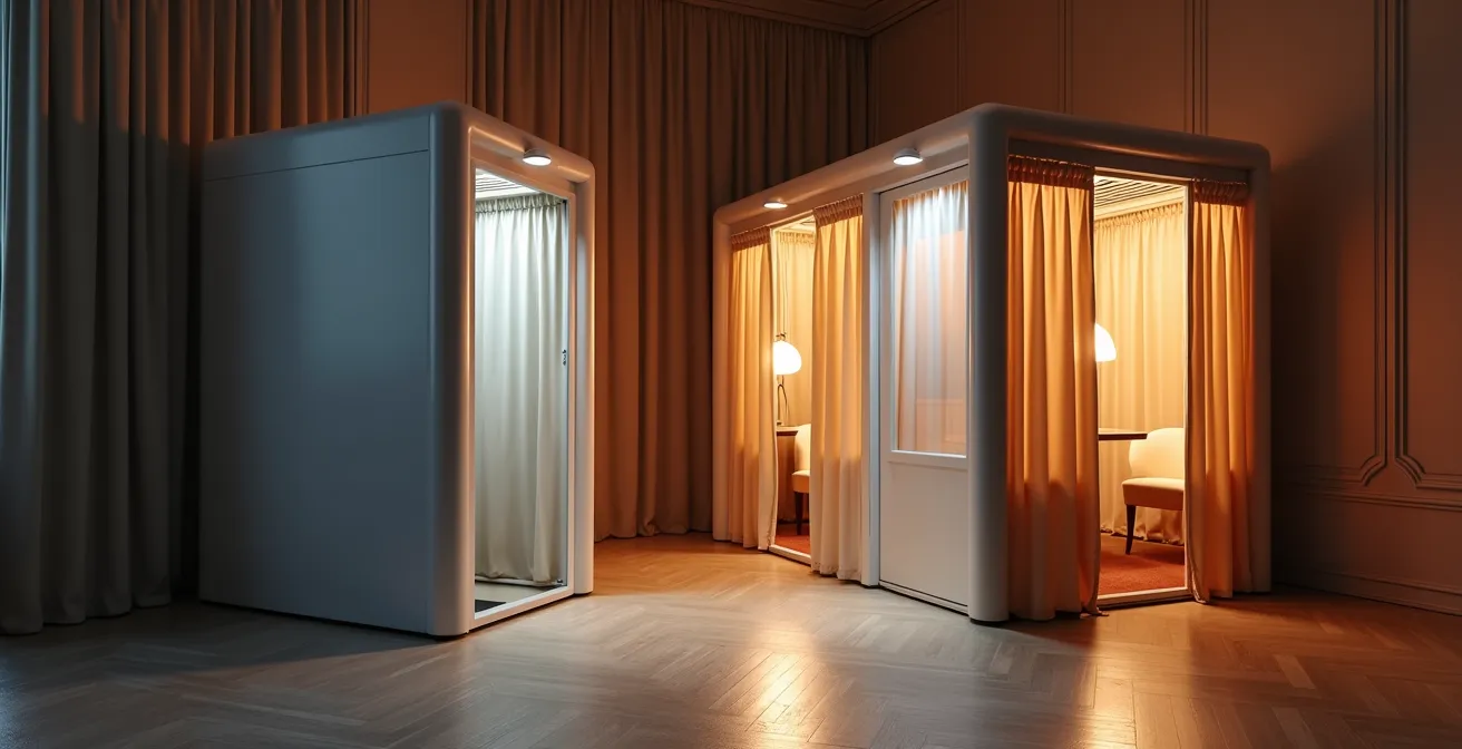 Photobooth moderne et élégant dans un espace événementiel professionnel à Annecy avec éclairage cinématographique et arrière-plan minimaliste