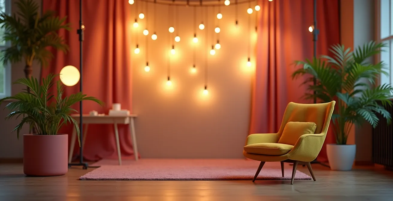 Photobooth avec fond personnalisé aux couleurs d’Annecy et accessoires modernes en lumière douce