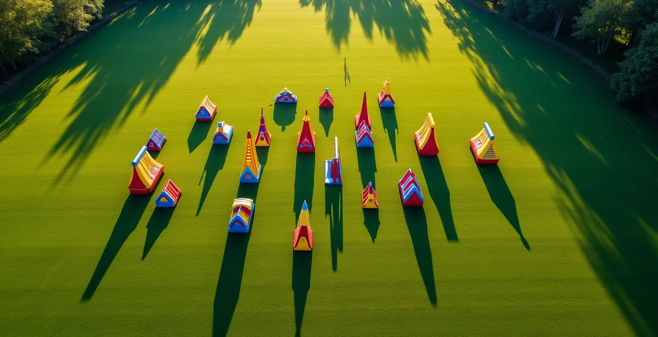 Vue aérienne de différentes structures gonflables sportives installées pour un événement