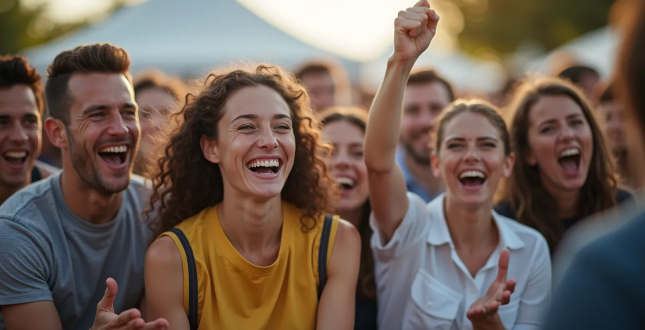 Groupe de spectateurs enthousiastes autour d'une structure gonflable sportive