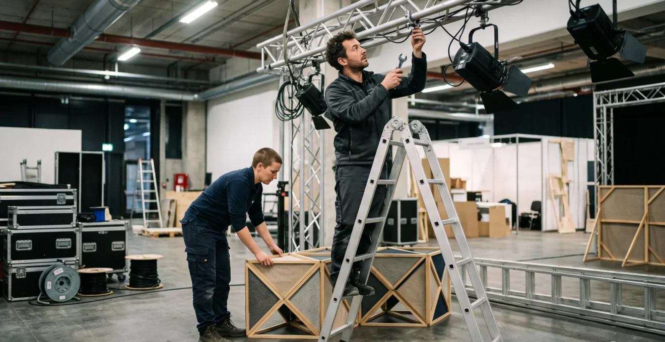 Deux professionnels installant décor événementiel : technicien ajustant structure lumineuse suspendue et second collaborateur positionnant module décoratif, matériel professionnel visible